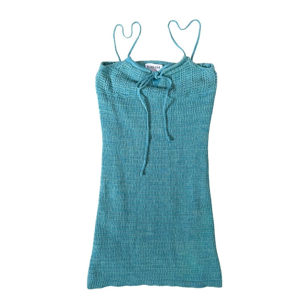 Olive + Oak Turquoise Blue Knit Crochet Mini Dress Sleeveless Keyhole Tie Small